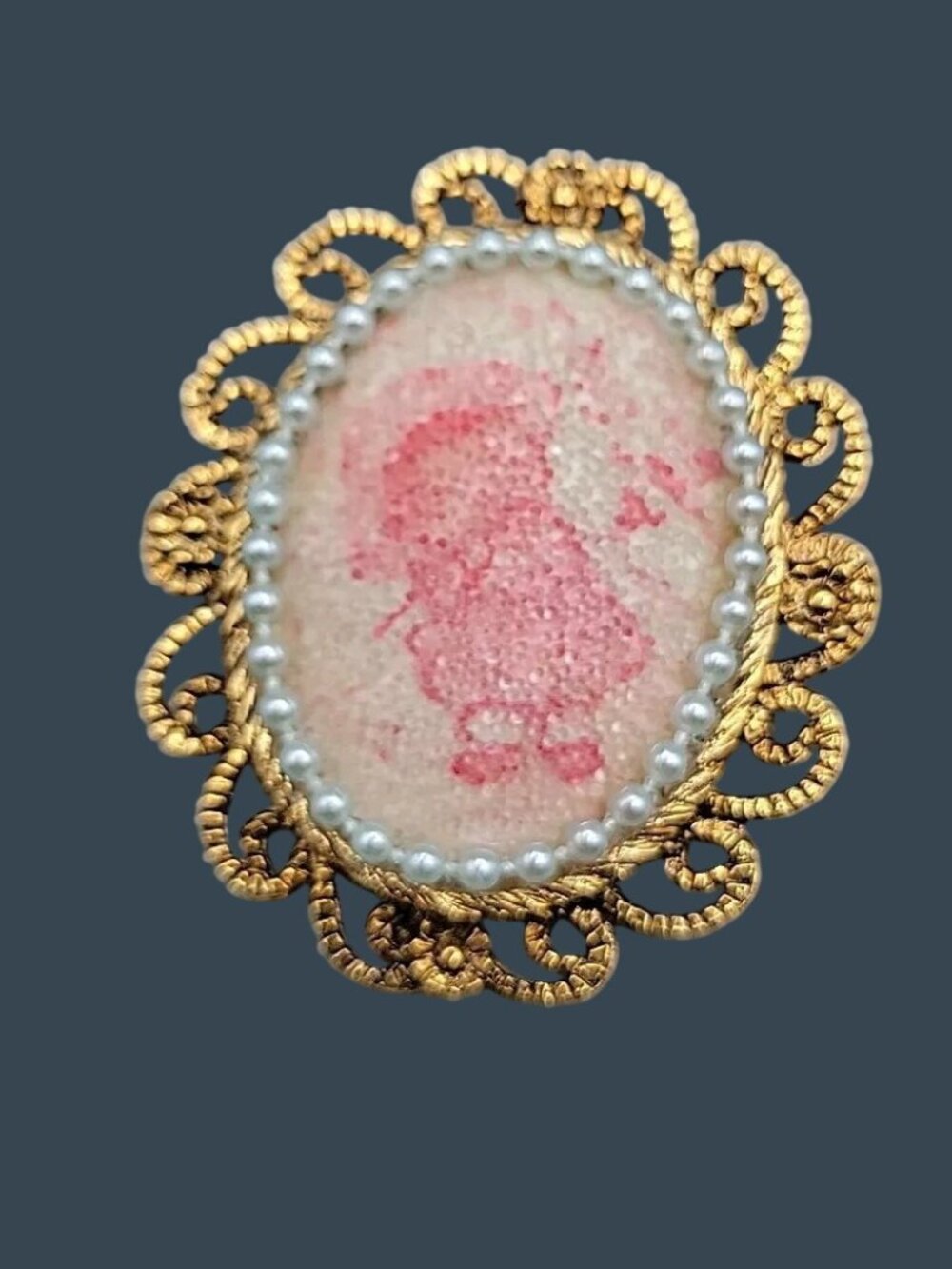 Vintage Holly Hobbie Sugar Brooch Oval Swirled Gold Tone Frame Pink Figural